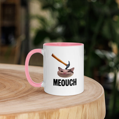 White ceramic mug with Color inside featuring funny Meouch cat meme and hammer design
