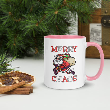 White ceramic mug with color inside featuring funny running Santa Claus and "MERRY CHAOS" text