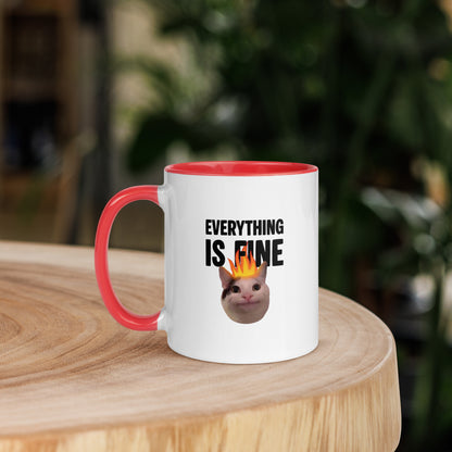 White ceramic mug with color inside featuring Beluga cat with fire on head and "EVERYTHING IS FINE" text