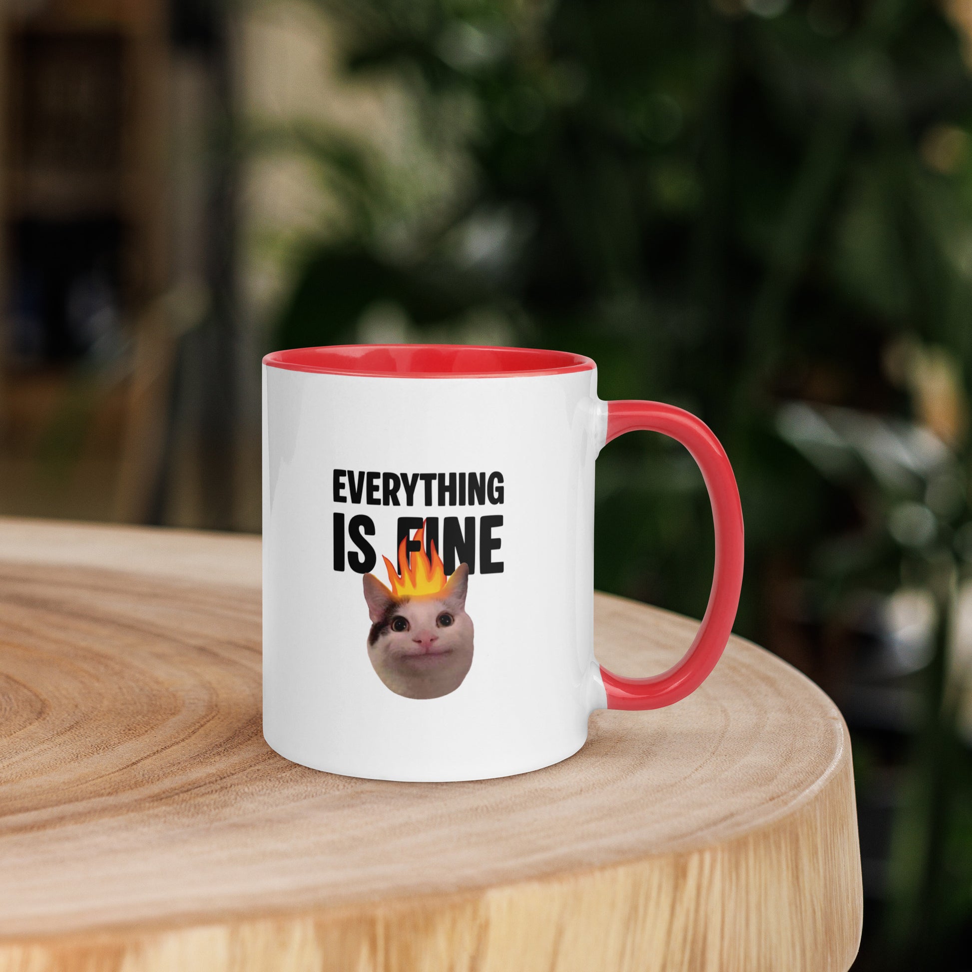 White ceramic mug with color inside featuring Beluga cat with fire on head and "EVERYTHING IS FINE" text