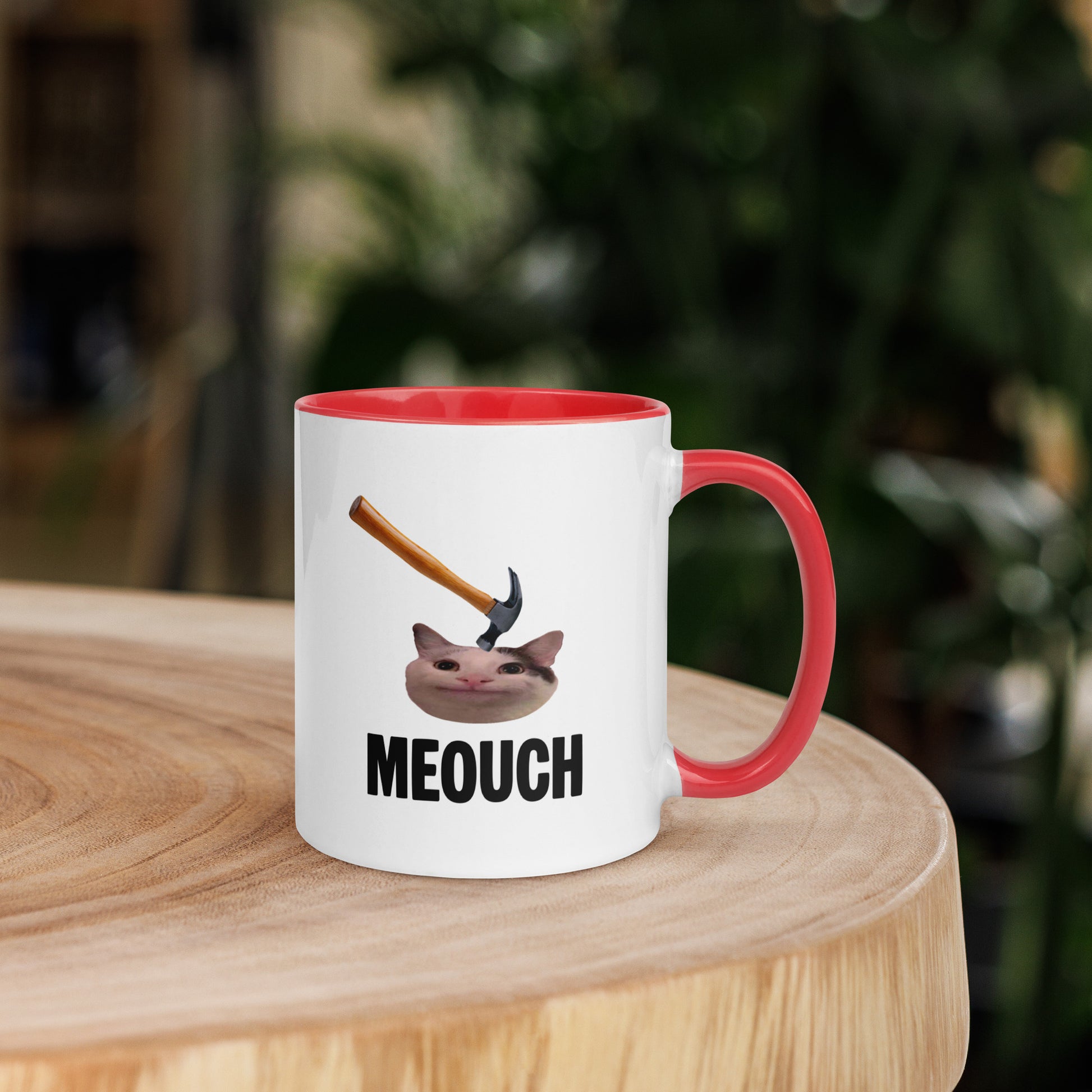 White ceramic mug with Color inside featuring funny Meouch cat meme and hammer design