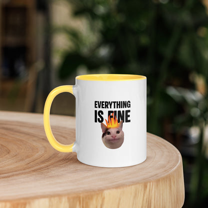 White ceramic mug with color inside featuring Beluga cat with fire on head and "EVERYTHING IS FINE" text